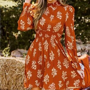 Burnt orange floral blouson sleeve mini dress-S NWT